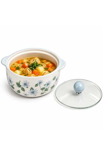 Generic White Ceramic Casserole Pot with Lid, Floral Serving Dish with Handle...