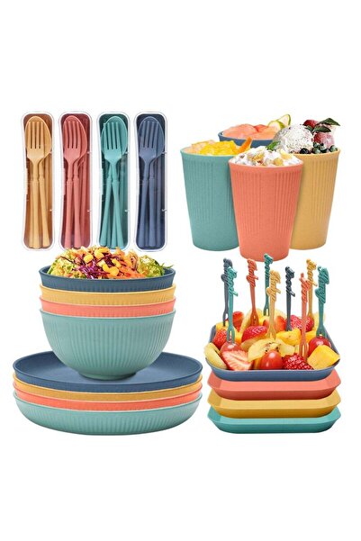 Generic 48 Pcs Wheat Straw Dinnerware Set, Plastic Dinnerware Set,Reusable Di...