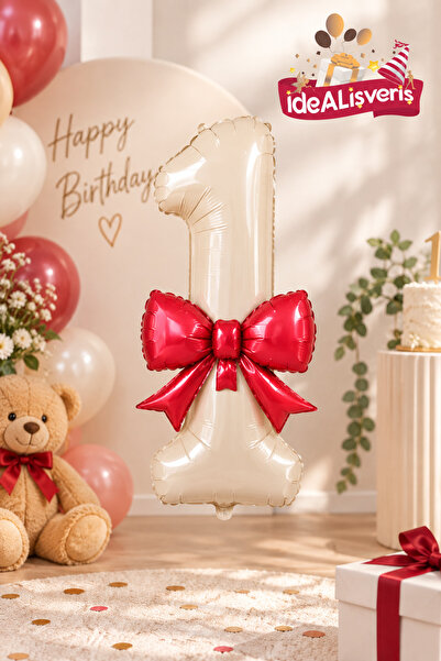 Bkmc Red Bow and Cream Number Foil Balloon Set
