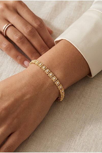 Gold Zirkon Taşlı Dantel Çiçek Motifli Su Yolu Zincir Bileklik