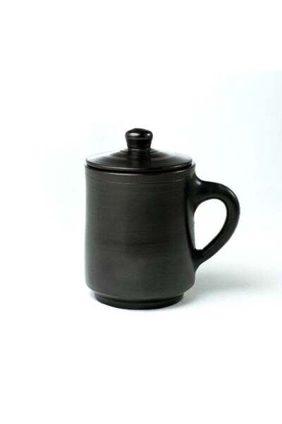 Generic ARK Black Terracotta Mug with Lid – Handmade Clay Coffee & Tea Cup, M...