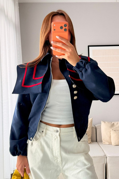My Blog Navy Blue Burgundy Striped Trench Jacket - 3652