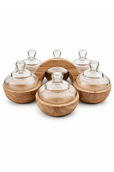 Generic Premium Acacia Wood Round 6-Bowl Serving Set with Jointed Wood Handle...