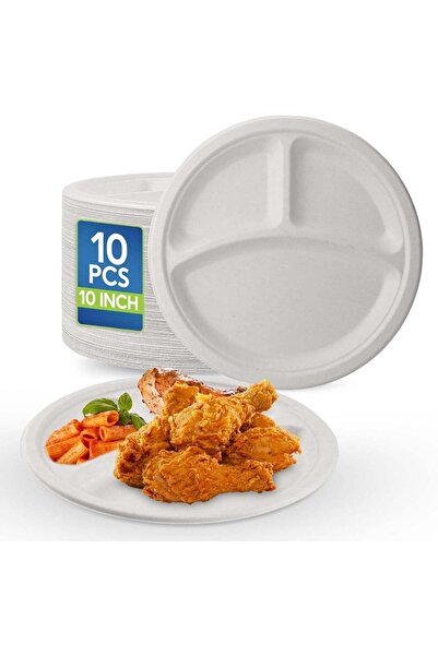Generic [Pack of 50] 10 inch 3-Compartment White Disposable Plates - Heavy-Du...
