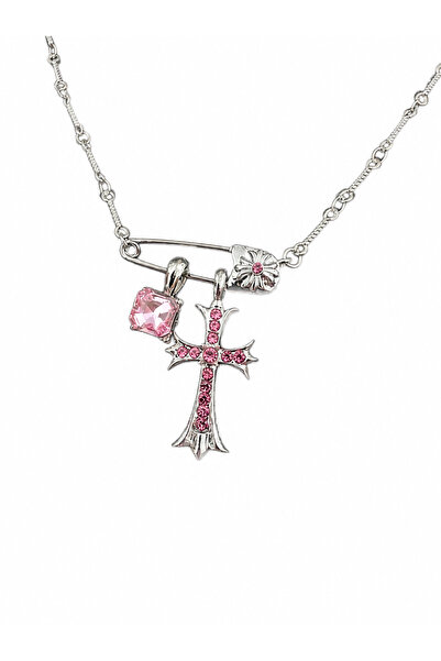 Generic Brand Colier cu cruce argintiu roz - Unisex, Lantisor 50 cm
