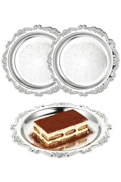 Generic 2 PCS Vintage Floral Silver Serving Tray Set, Round Mirror Engraved P...