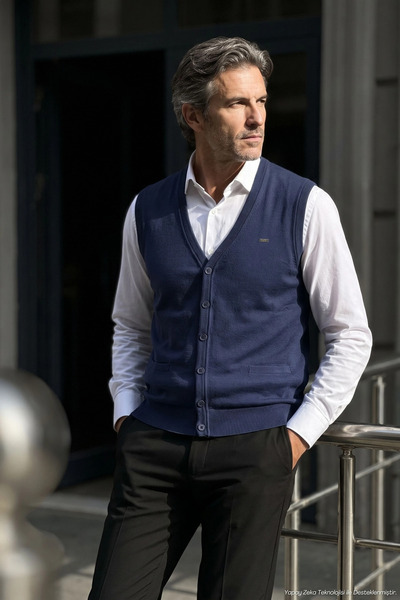Çizgi Triko Men's Buttoned Indigo Vest with Thessaloniki Knit Pockets Classic...