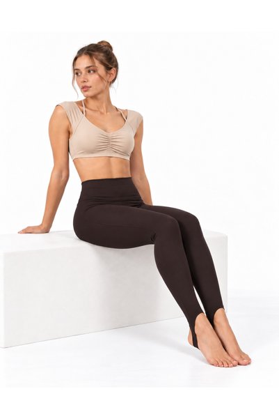 TÜKATO Brown Color High Waist Gathering Heeled Füzo Leggings