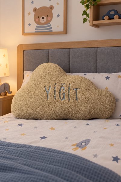 Genel Markalar Kişiye Özel İsimli Nakışlı Peluş Bulut Yastık Teddy Kumaş Sili...