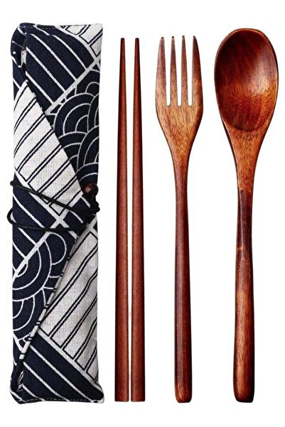 Generic 3 PCS Japanese Style Wooden Cutlery, Set in an Oriental Style Pouch W...