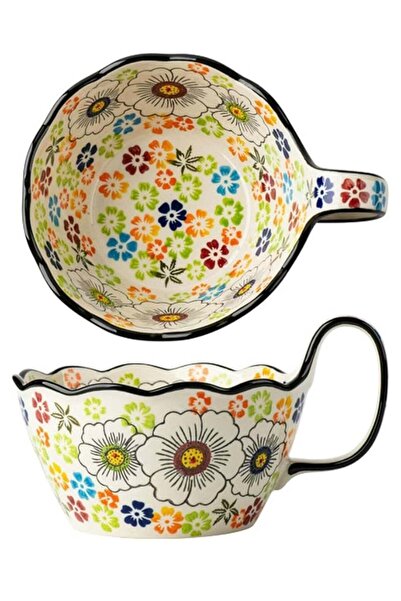 Generic 1000ml Hand-Painted Ceramic Soup Bowl with Handle | Floral Ramen & No...