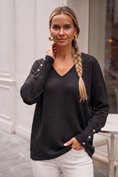 Chiccy Siyah V Yaka Manşetli Kollu İnce Pul Payetli Casual Triko Kazak 70 60