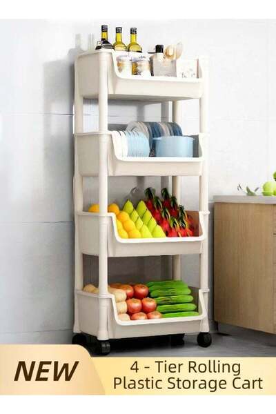 Generic 4 - Tier Rolling Plastic Storage Cart Off - white Organizer 95x31x21c...