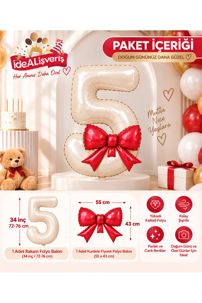 Bkmc Red Bow and Cream Number Foil Balloon Set
