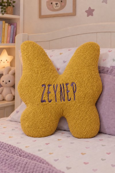 Genel Markalar Kişiye Özel İsimli Nakışlı Peluş Kelebek Yastık Teddy Kumaş Si...