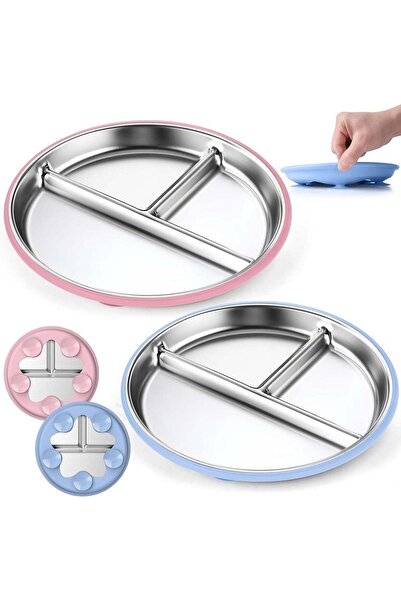 Generic Stainless Steel Kids Plates, 2 PCS Divided Plates with ﻿Removable Sil...