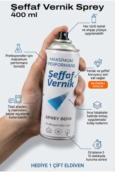 Azimli 400 ml Şeffaf Sprey Vernik Parlak Koruyucu Metal ve Ahşap Verniği + El...