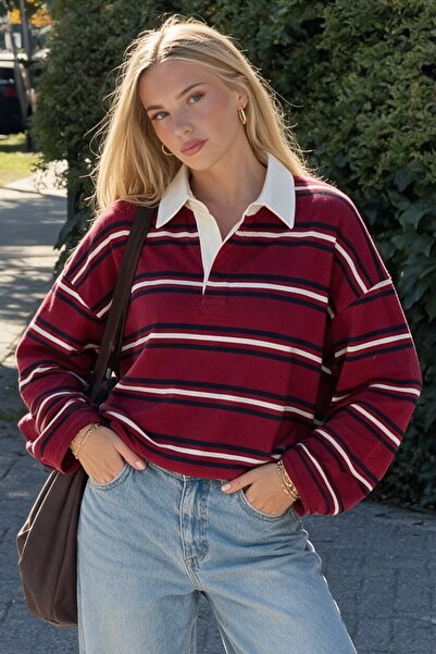 The Champ Clothing Kadın Oversize Uzun Kollu Tişört Riviera Stripe Bordo – Po...