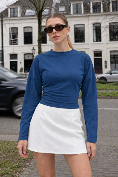 COMBİNE MİCHAİL Women's Casual Wear Blue Crop Long Sleeve Blouse