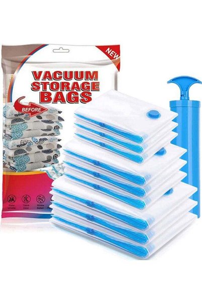 Generic 9-Pack Reusable Vacuum Storage Bags With Travel Hand Pump White/Blue ...
