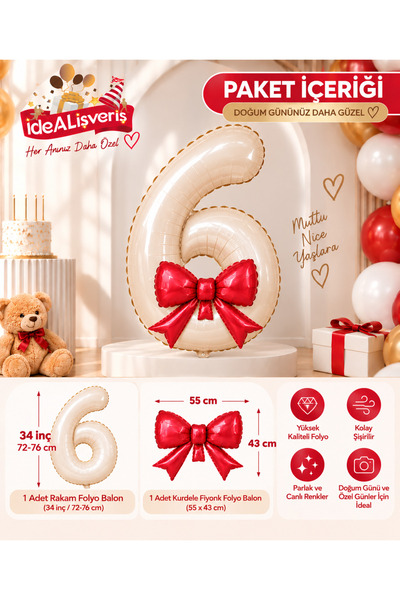 Bkmc Red Bow and Cream Number Foil Balloon Set