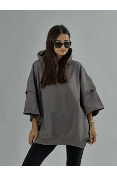 COCOPELLI Oversize Ανθρακί Γυναικείο Φούτερ με Κουκούλα COC3499