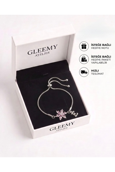 Gleemy accesories Kişiye Özel Harfli Lotus Çiçeği Pembe Taşlı Asansörlü Gümüş...
