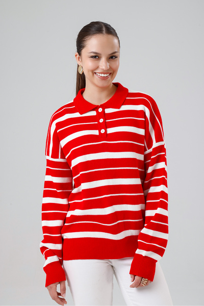 Madame QAN's Polo Collar Striped Knit Sweater