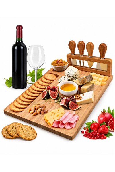 Generic Dunekart Bamboo Cheese Board Set | 4 Stainless Steel Cheese Knives | ...