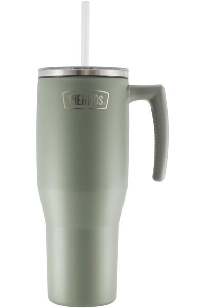 Generic THERMOS STAINLESS STEEL VACUUM INSULATED GREEN MUG WITH STRAW 1.1LTR