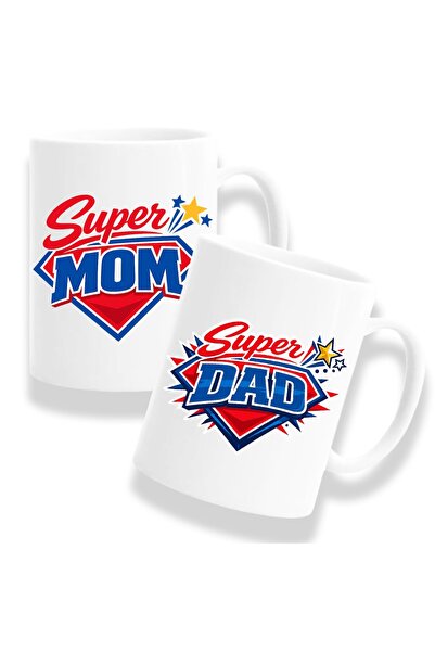 OEM Set de 2 căni cu mesaj: "Super tata / Super mama", Model 2, alb, 330ml, c...