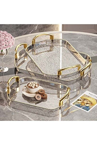 Generic 3 PCS Clear Serving Tray, With Polished Metal Handles, Serving Plate,...