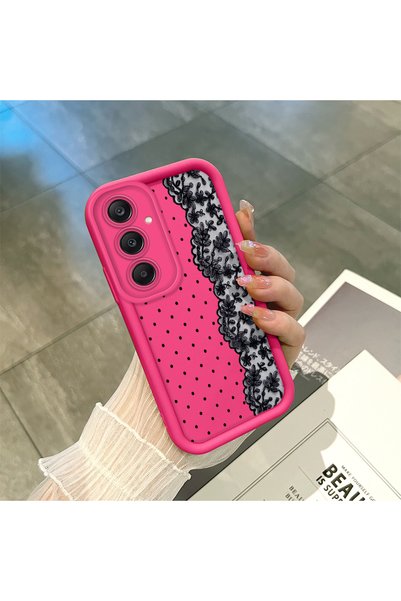 ucuc Samsung Galaxy A25 Compatible Pink Red Silicone Case Shockproof Camera Protection Dotted Lace Pattern