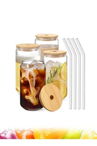 Generic 4 Pack Glass Cups with Bamboo Lids and Straws, 16OZ Drinking Tumblers...