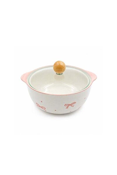 Generic White Ceramic Serving Bowl with Glass Lid and Knob Handle Pink Bow De...