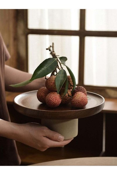 Generic Acacia Wood Tray with Ceramic Base – Handcrafted Fruit Bowl, Cake Sta...