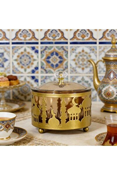 Generic Decorative Gold Metal Candy Jar with Ornate Cutout Design, Glass Lid ...