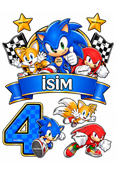 telaşe memuru İSİMLİ - 4 Yaş SONİC Pasta Süsü - Pasta Resmi ve Pasta Baskısı-...