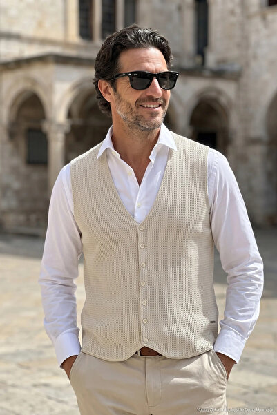 Çizgi Triko Men's Buttoned Stone Vest Cotton Knitwear Without Pockets Rice Pa...