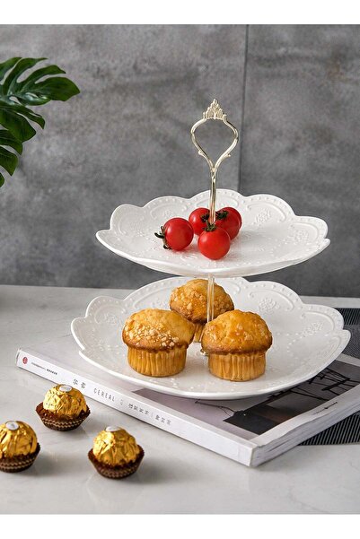 Generic 2-layer cake display rack, petal shaped plastic tray with metal suppo...