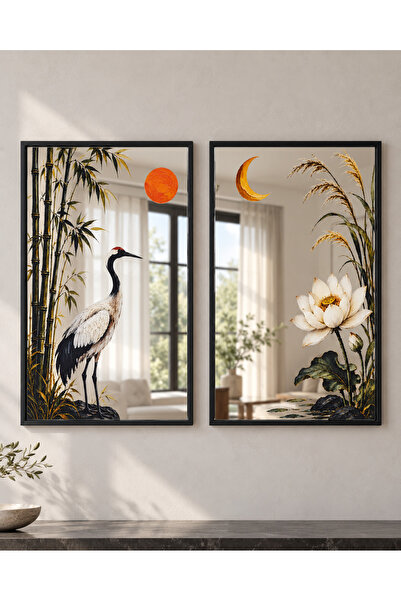 sümercam Gün ve Gece Turna ve Lotus Desenli Aynalı Tablo 2’li Set 58x40 cm Si...