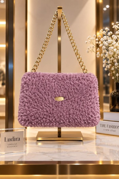 Ludira El Örgüsü Tüylü Tavşan İp Saten Astarlı Omuz Çantası Zincirli/Mıknatıs...