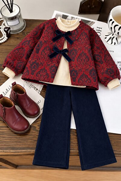 Minigimin Cicileri Ethnic Patterned Velvet Bow Detailed Girls' 3-Piece Set - ...