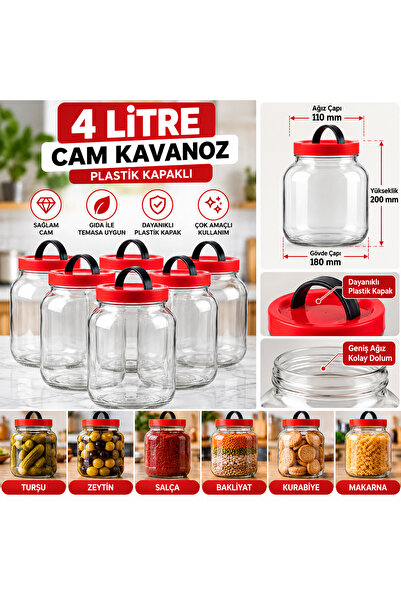 Genel Markalar 4 Litre Cam Kavanoz Kırmızı Plastik Kulplu