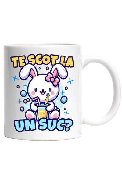 INOVATIX Cana alba personalizata,Iepure Alb Cu Funda Roz Suc De Fructe Te Sco...