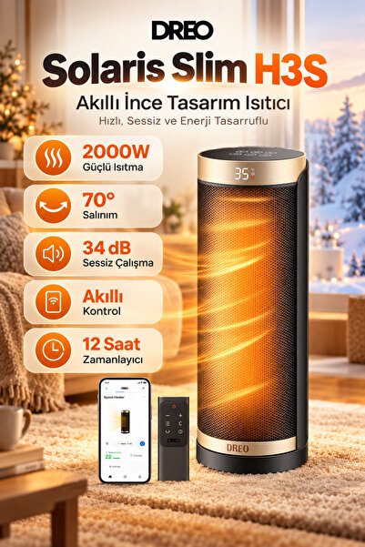 DREO Solaris Slim H3S Akıllı Seramik Isıtıcı 2000W – 70° Salınım, Wi-Fi & Sesli Kontrol, ECO Mod, 12 Saat Zamanlayıcı, Sessiz Çalışma