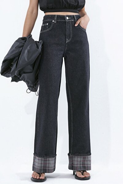 Hiccup High Waist Wide Leg Jeans with Plaid Detail on the Hem