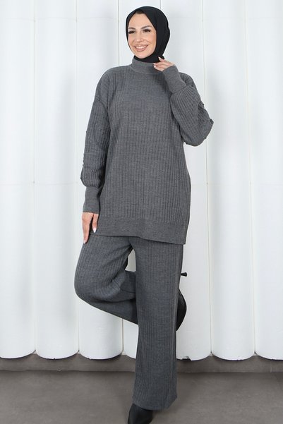 HNT Hayrunnisa Tesettür Half Turtleneck Sleeve Detailed Pantalonlu Knitwear Set Dark Gray Hnt2811