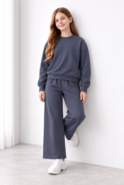 Joi Kids Girl's Smoked Crew Neck Wide Leg Sweatpants Set with Stitching Detail