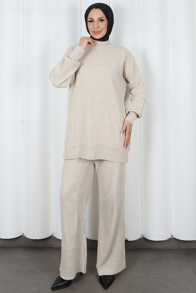 HNT Hayrunnisa Tesettür Half Turtleneck Sweater with Sleeve Detail and Trousers Knitwear Set Cream Hnt2811